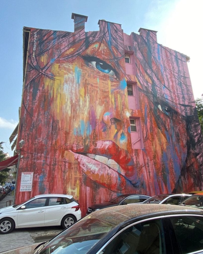 wall art in Kadıköy of a woman's face covering the side of a building. 