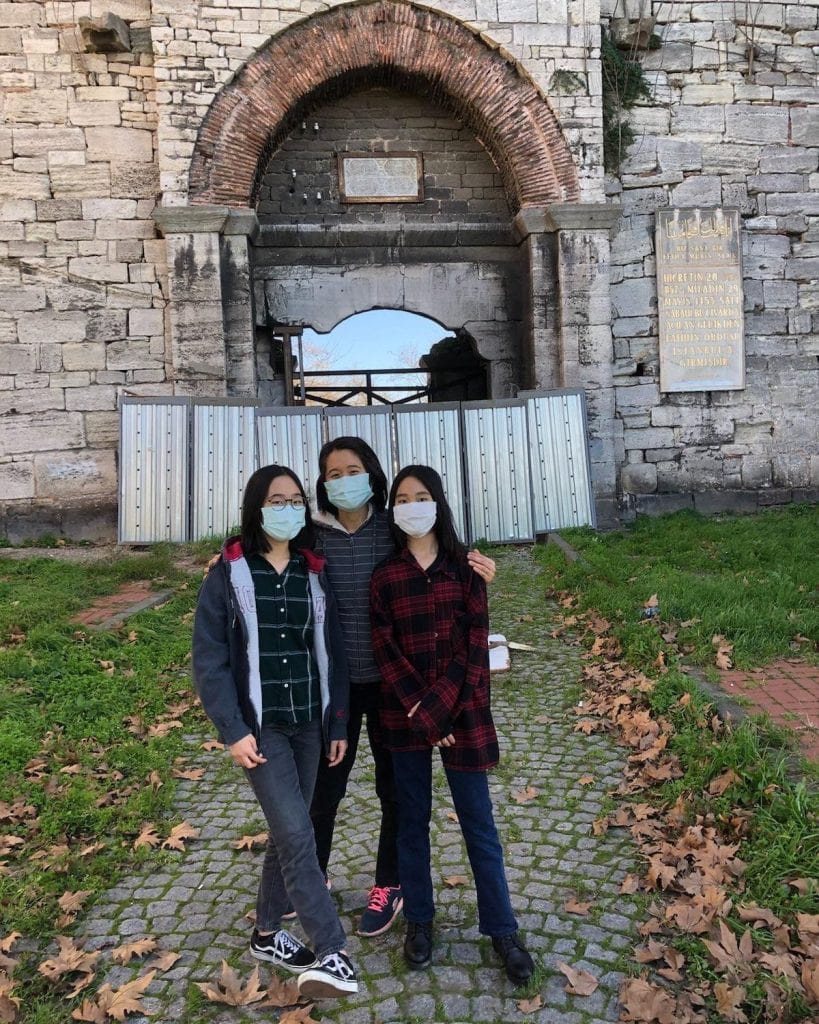 Michelle and her girls on a visit during the pandemic to the ancient walls of Istanbul