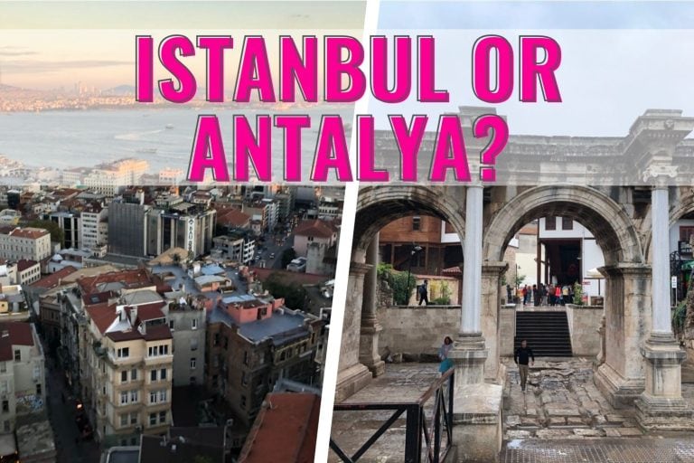 Istanbul vs Antalya written over two photos, one of Istanbul city and one of the Gates in Antalya.