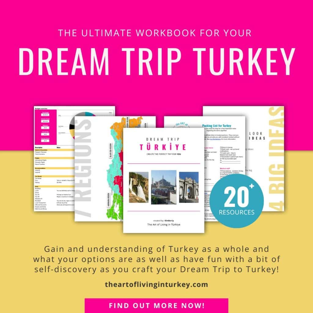 Dream Trip Turkey workbook with sample pages on a pink and yellow background.