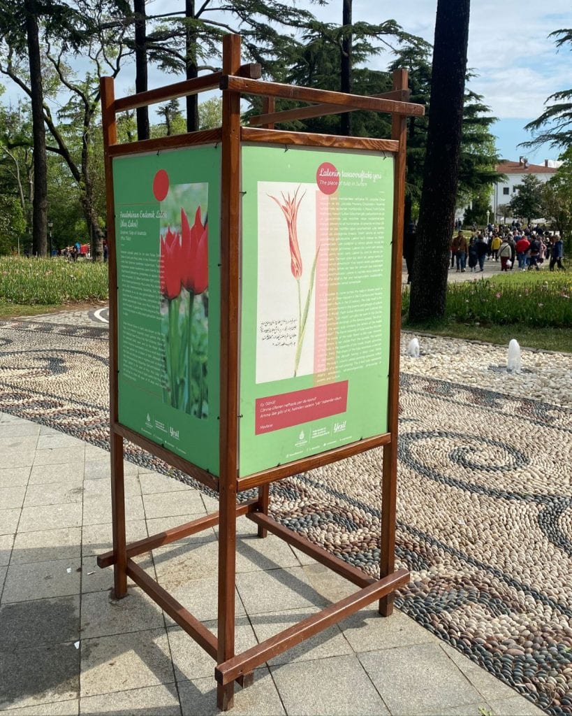 A standing panel with information about tulips in Emirgan Park.