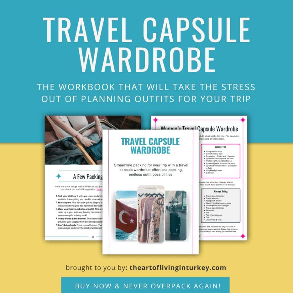 a mockup of the travel capsule wardrobe workbook with a couple of pages as an example