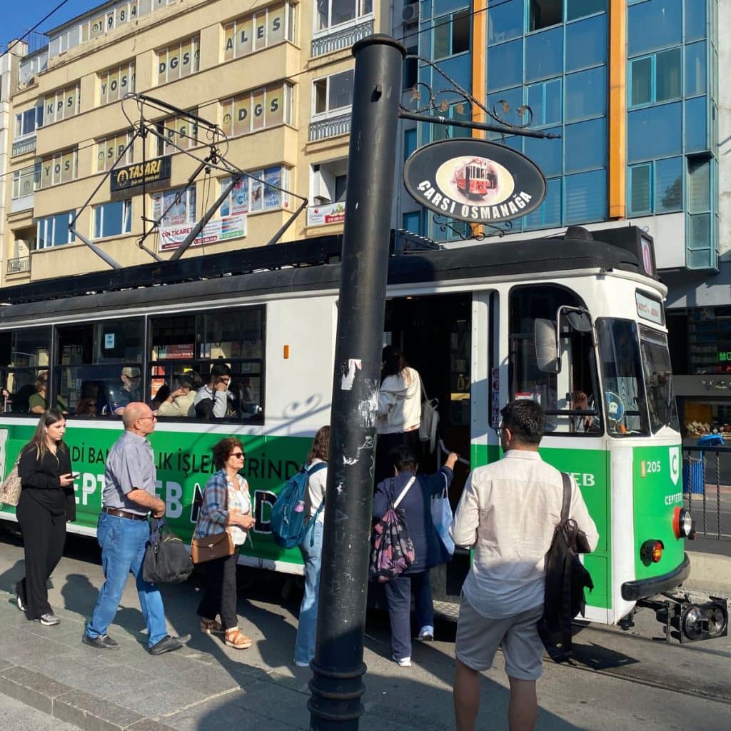 People board the historic tram in Moda, Kadikoy.