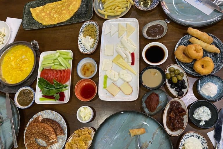 The best breakfast in Istanbul, consisting of many small plates of cheese, olives, spreads and bread.