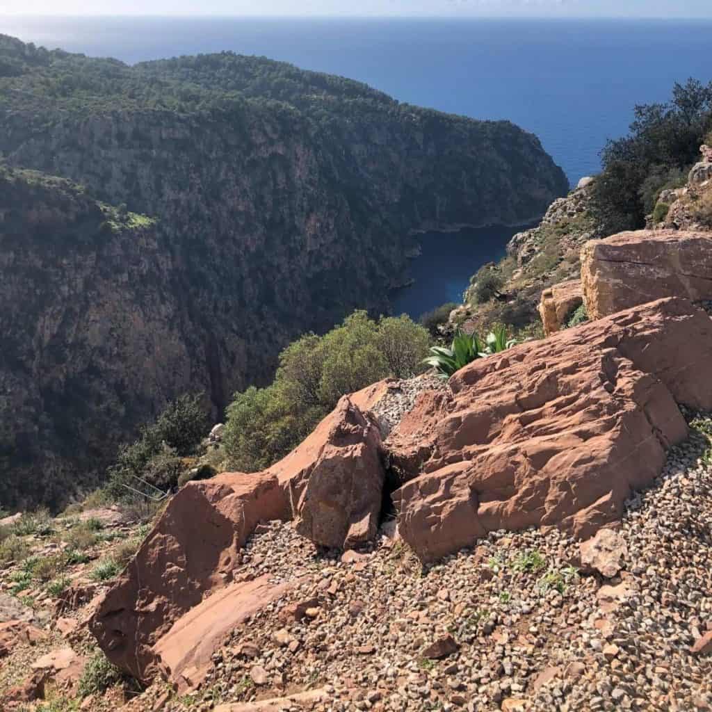 Looking down into Butterfly Valley gorge with the Mediterranean Sea in the distance.