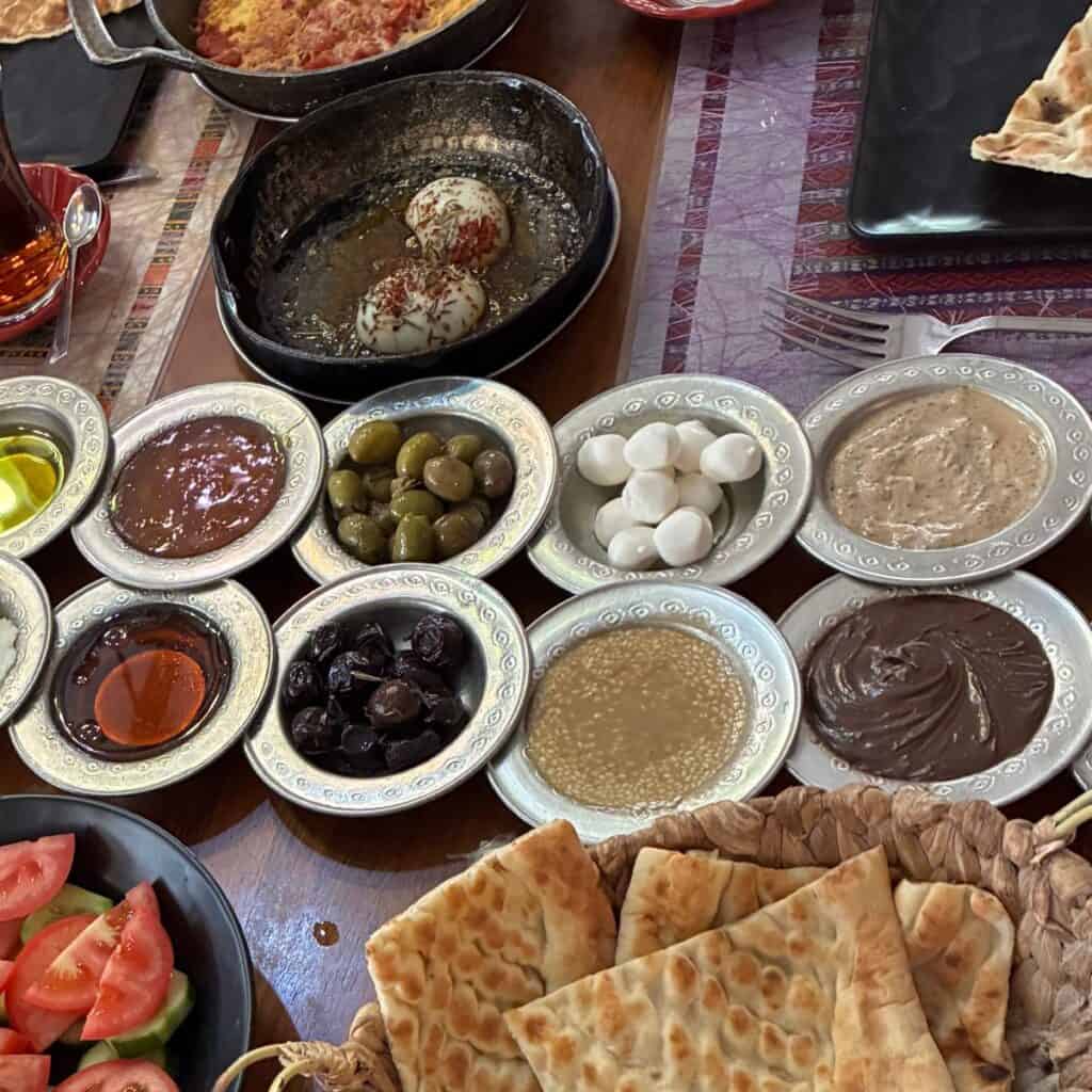 A breakfast spread of many small plates at Gale Alti Restaurant in Gaziantep, Turkey.